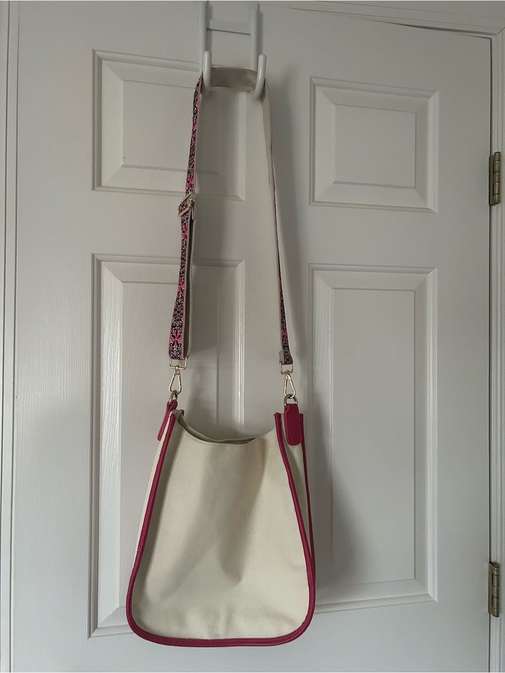 Cream Canvas Shoulder Bag with Pink Trim and Floral Strap